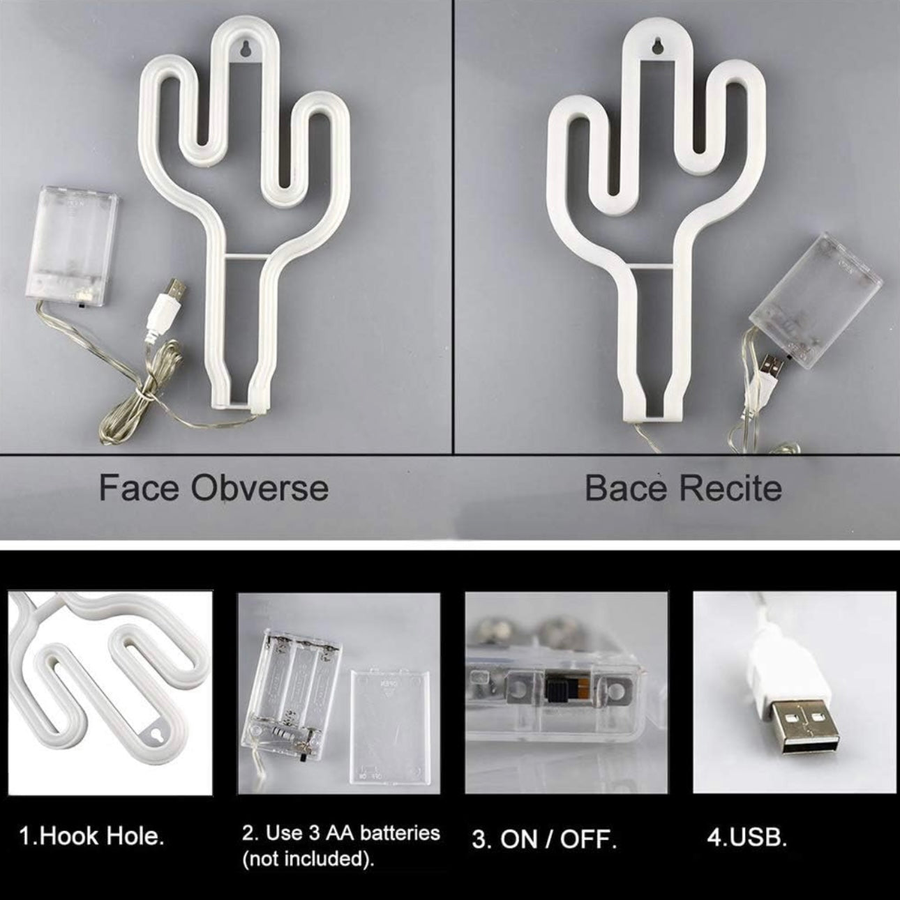 LED Green Cactus Neon Sign Wall Decor USB or Battery Operated Neon Night Lights Lamps Art Decor Wall Decoration Table Lights Decorative for Home Living Room Wedding Birthday Christmas Party