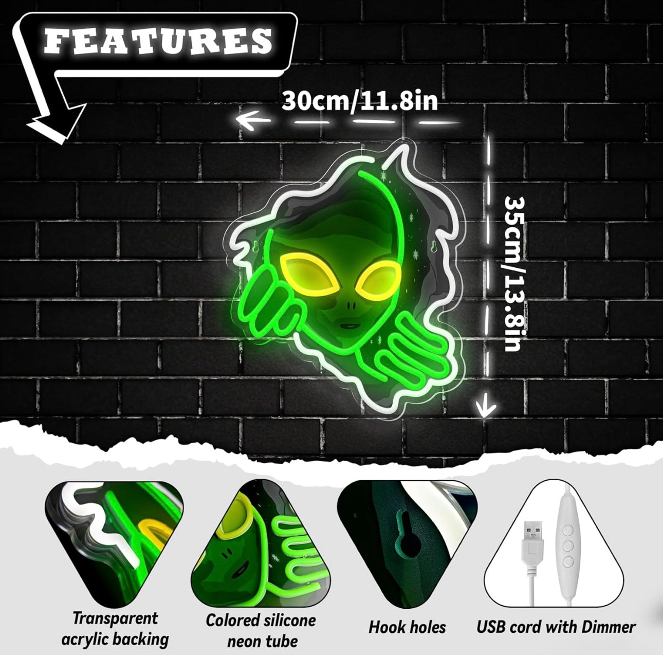 Green Alien Neon Sign USB Powered Alien LED Neon Light Signs for Man Cave Bedroom Game Room Bar Pub Party Home Decor Fantasy Gifts for Alien Fans, Teenage Boys, Kids