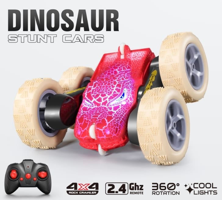 RC Dinosaur Stunt Car - 360 Rolling Twister, Light-Up Action, Durable Remote-Control Toy for Boys and Girls, Full-Function with Hand Controller