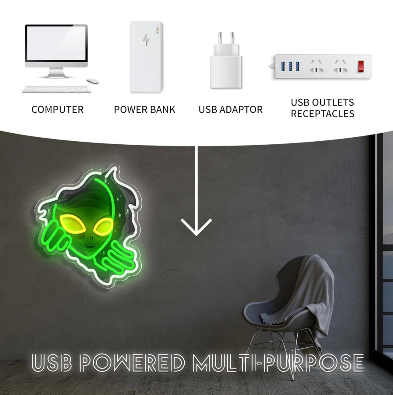 Green Alien Neon Sign USB Powered Alien LED Neon Light Signs for Man Cave Bedroom Game Room Bar Pub Party Home Decor Fantasy Gifts for Alien Fans, Teenage Boys, Kids