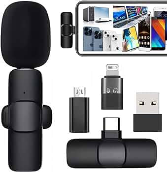 The K8 wireless microphone supports plug-and-play functionality for Type C, iPhone, Micro USB, and standard USB ports.