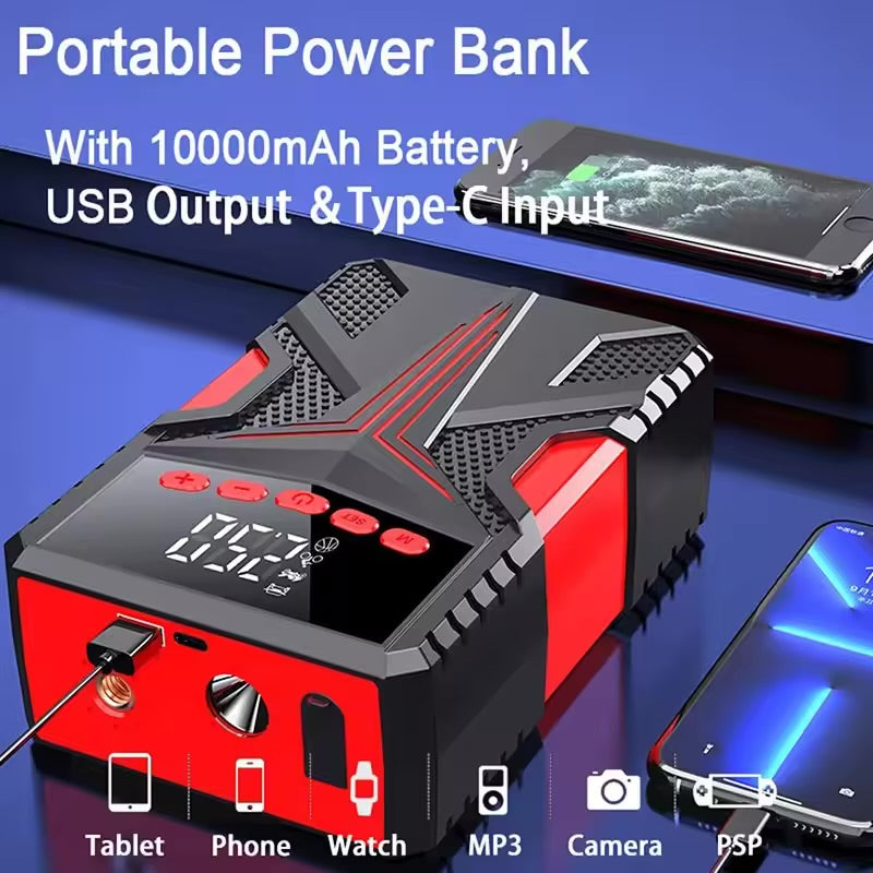 Car Jump Starter Air Pump Power Bank Lighting Portable Air Compressor 4 In 1 Cars Battery Starters & Auto Tyre Inflator