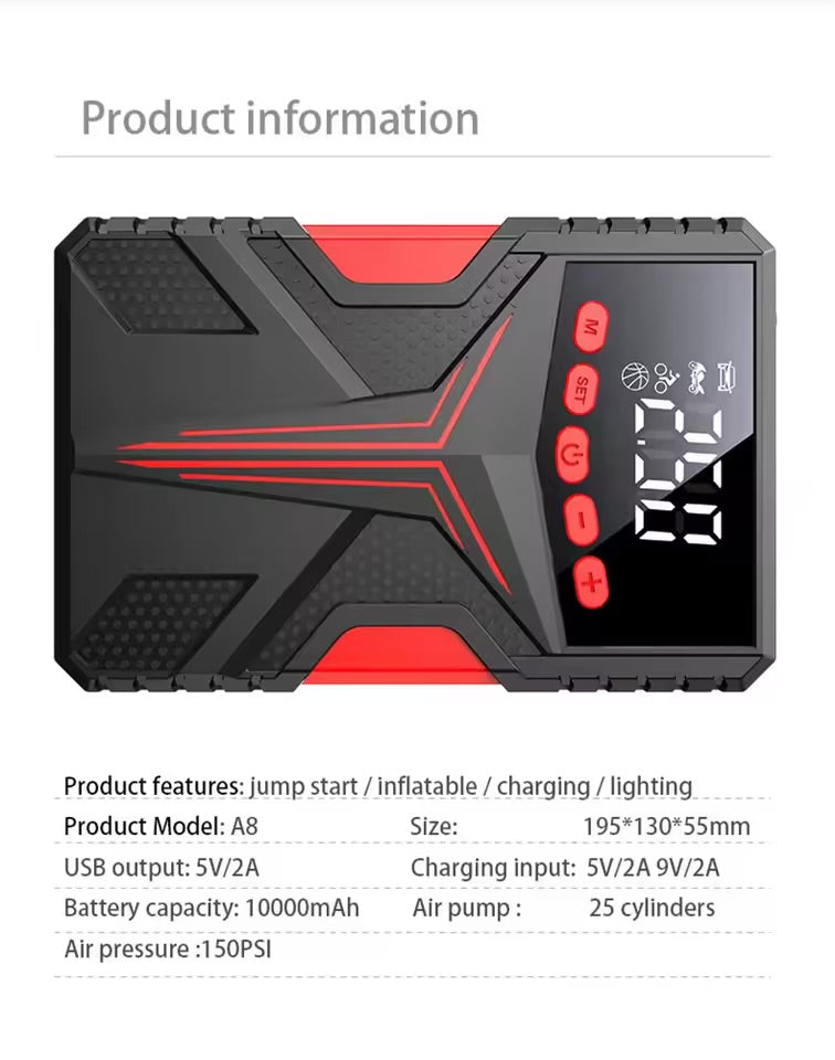 Car Jump Starter Air Pump Power Bank Lighting Portable Air Compressor 4 In 1 Cars Battery Starters & Auto Tyre Inflator