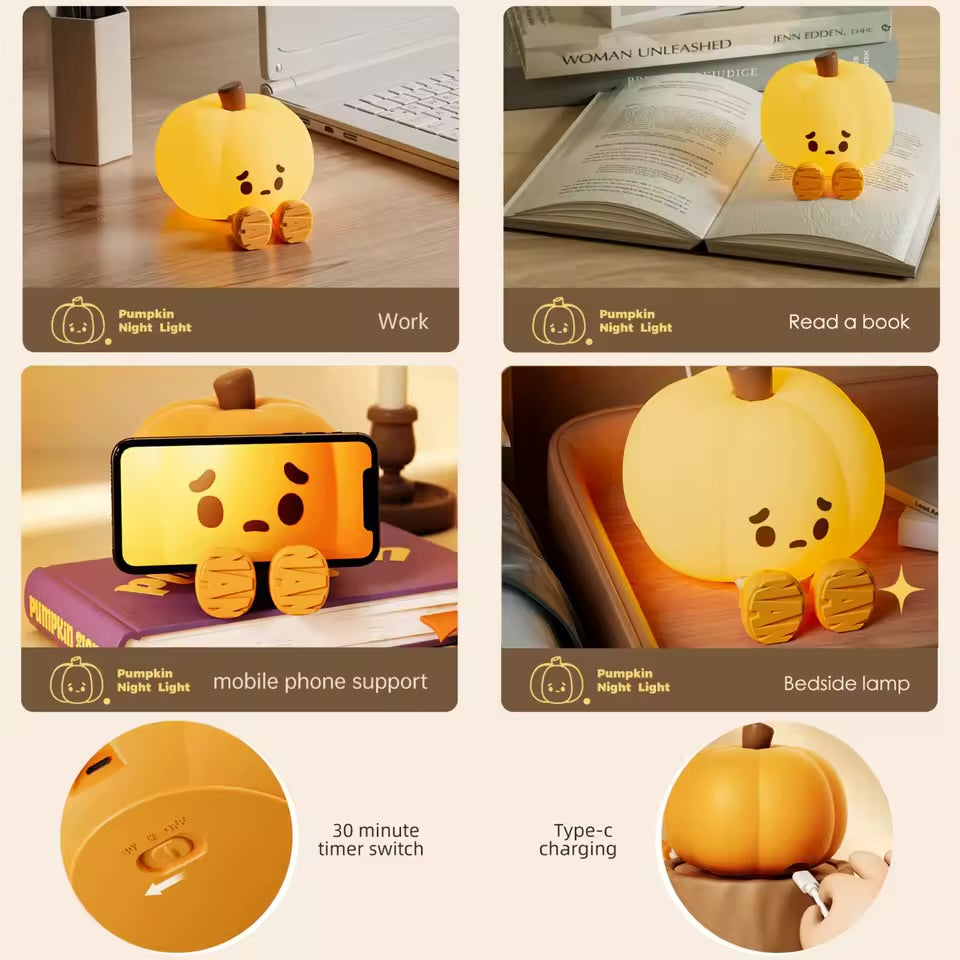 Cute Pumpkin LED Night Light Cartoon Silicone Lamp USB Rechargeable Timing Sleeping Lamp Bedroom Decoration
