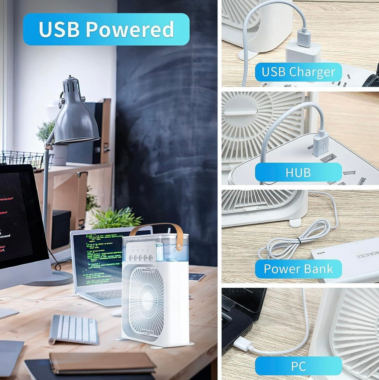 Big Portable Mist Fan, Cooling Fan LED Light, Air Conditioner Water Fan USB Desk with 3 Mist Spray Personal Evaporative Air Cooler Ice Fan for Bedroom, Office, Dorm Work
