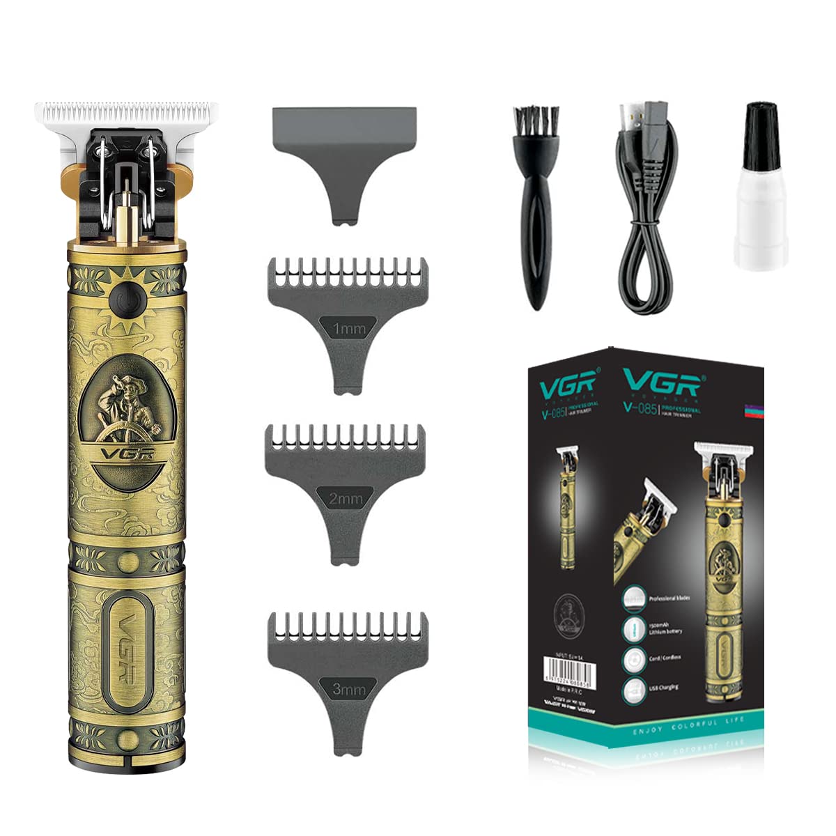 VGR V-085 Rechargeable Hair Clippers, Zero-Gapped Baldheaded T-Blade Trimmer, Cordless Hair Clipper for Men with Close Cutting, 3 Guide Combs, Brush, 1500mAh Li-ion Battery, 300-Minute Runtime (Gold)