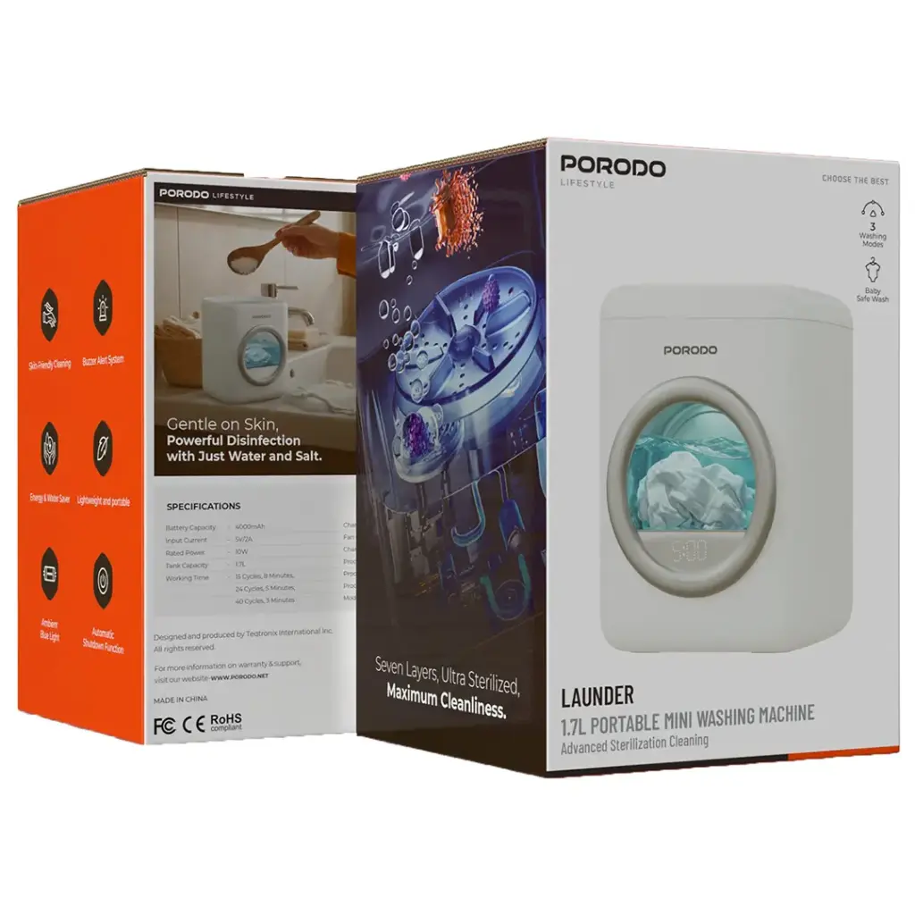 Porodo Lifestyle Launder 1.7L Portable Mini Washing Machine with Advanced Sterilization Cleaning - White
