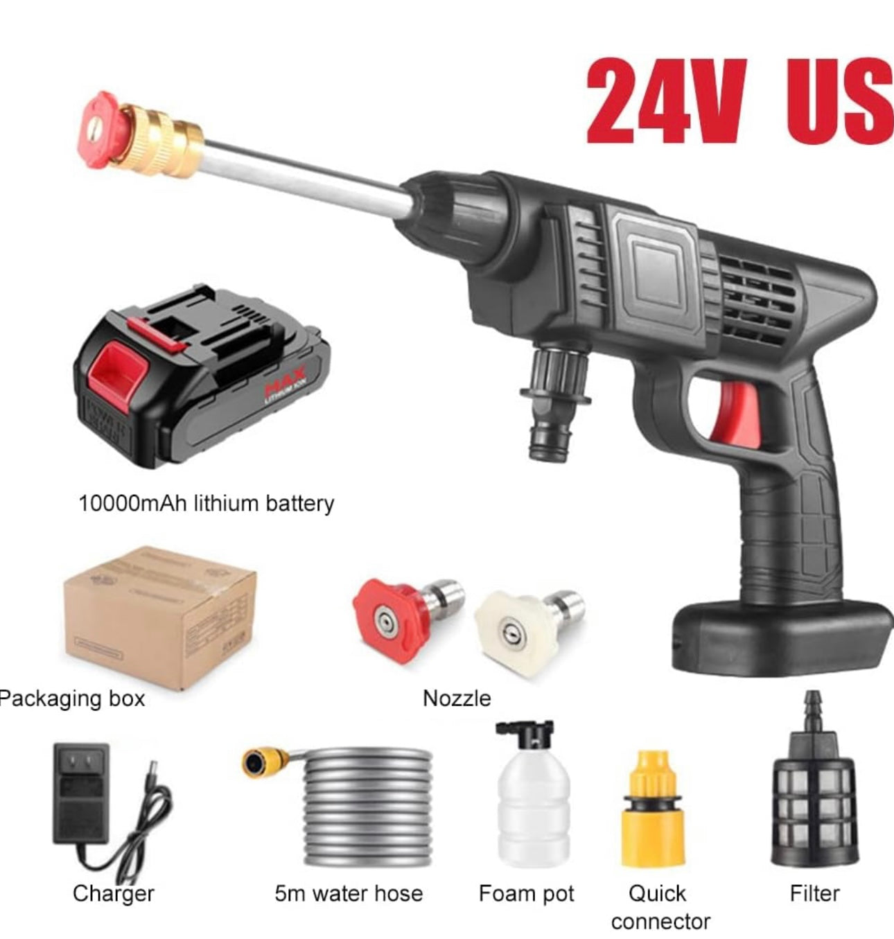 Cordless Pressure Washer Gun, 300W Wireless High-Pressure Car Washing Gun with 30Bar Pressure, 20000mAh Battery, 40-Minute Runtime, and Foam Sprayer (24V)