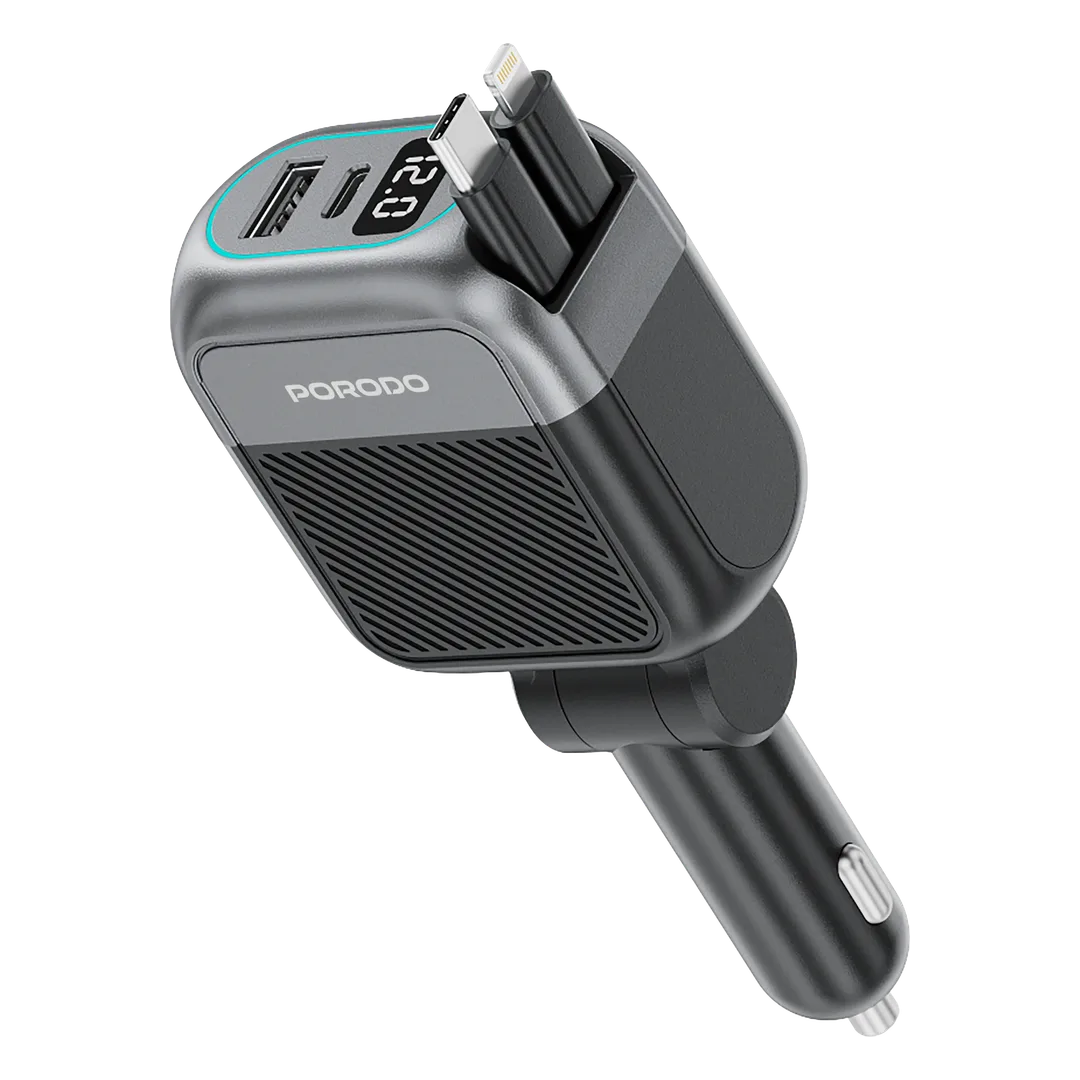 Porodo Spider Multi-Port USB Car Charger with USB-C to USB-C & Lightning Cable - Black