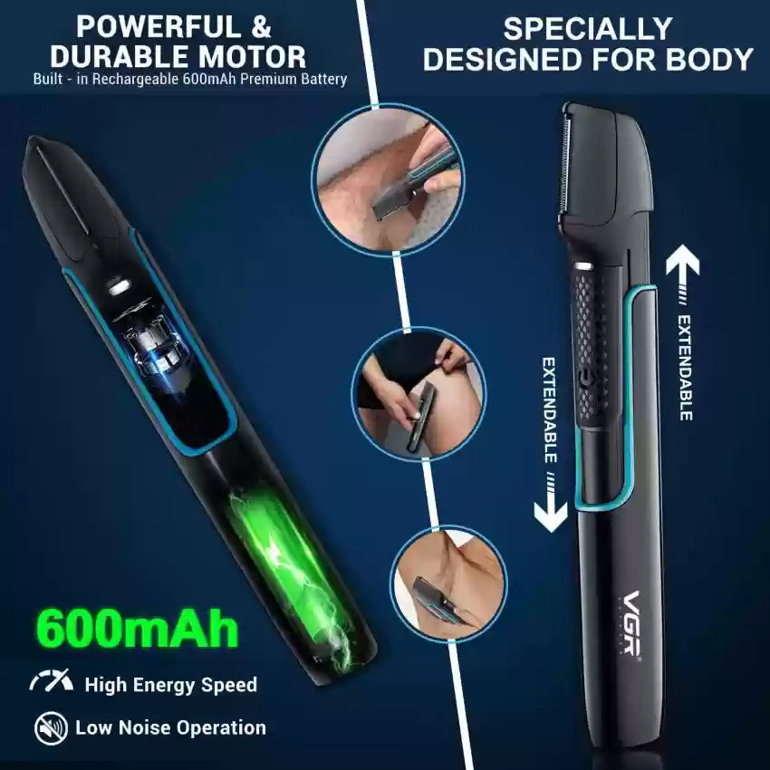 VGR V-602 Professional Body Hair Trimmer with Built-in Light & Extendable Handle, Fully Waterproof, 120-Minute Runtime, 6 Length Settings (Black)