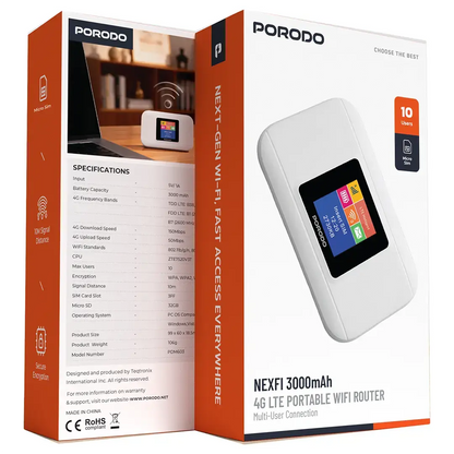 Porodo Nexfi 3000mAh 4g LTE Portable WiFi Router Multi-User Connection - White
