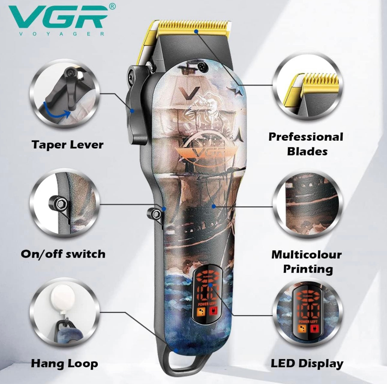 VGR V-689 Professional Salon Series Hair Clipper/Hair Trimmer for Men with LED display, Runtime 180 min with 4 Cutting Guide comb