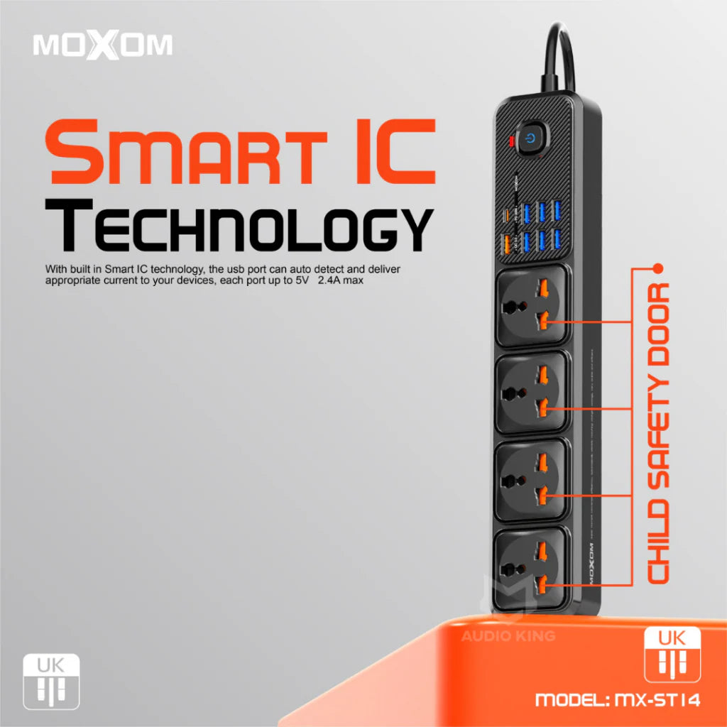 Moxom MX-ST16 7USB + 1PD 2500W Max Outlets 12in1 Power Strip