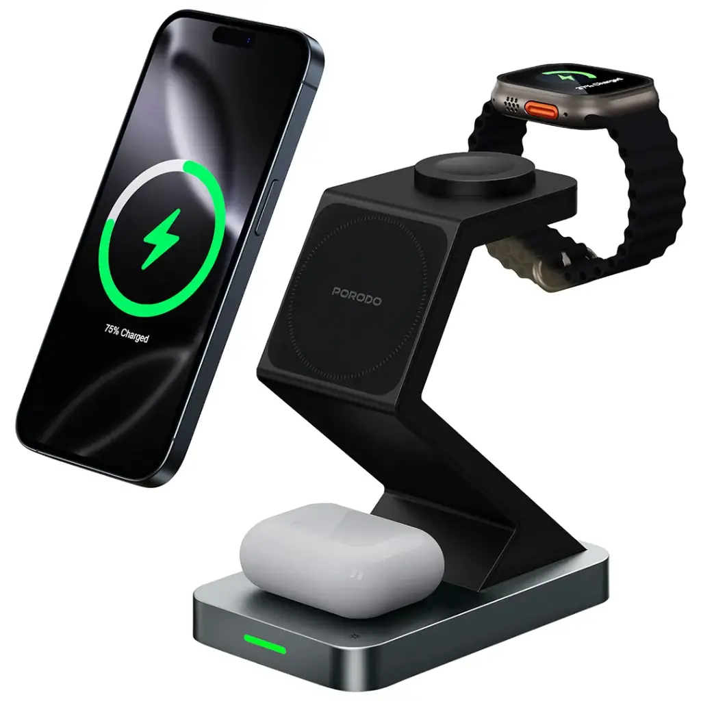 Porodo 4-In-1 Powerdock Wireless Charging Station with 360° Adjustable Viewing - Black
