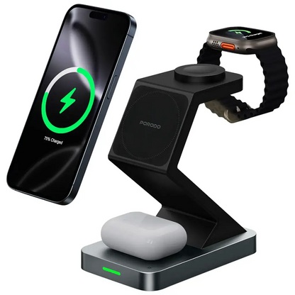 Porodo 4-In-1 Powerdock Wireless Charging Station with 360° Adjustable Viewing - Black