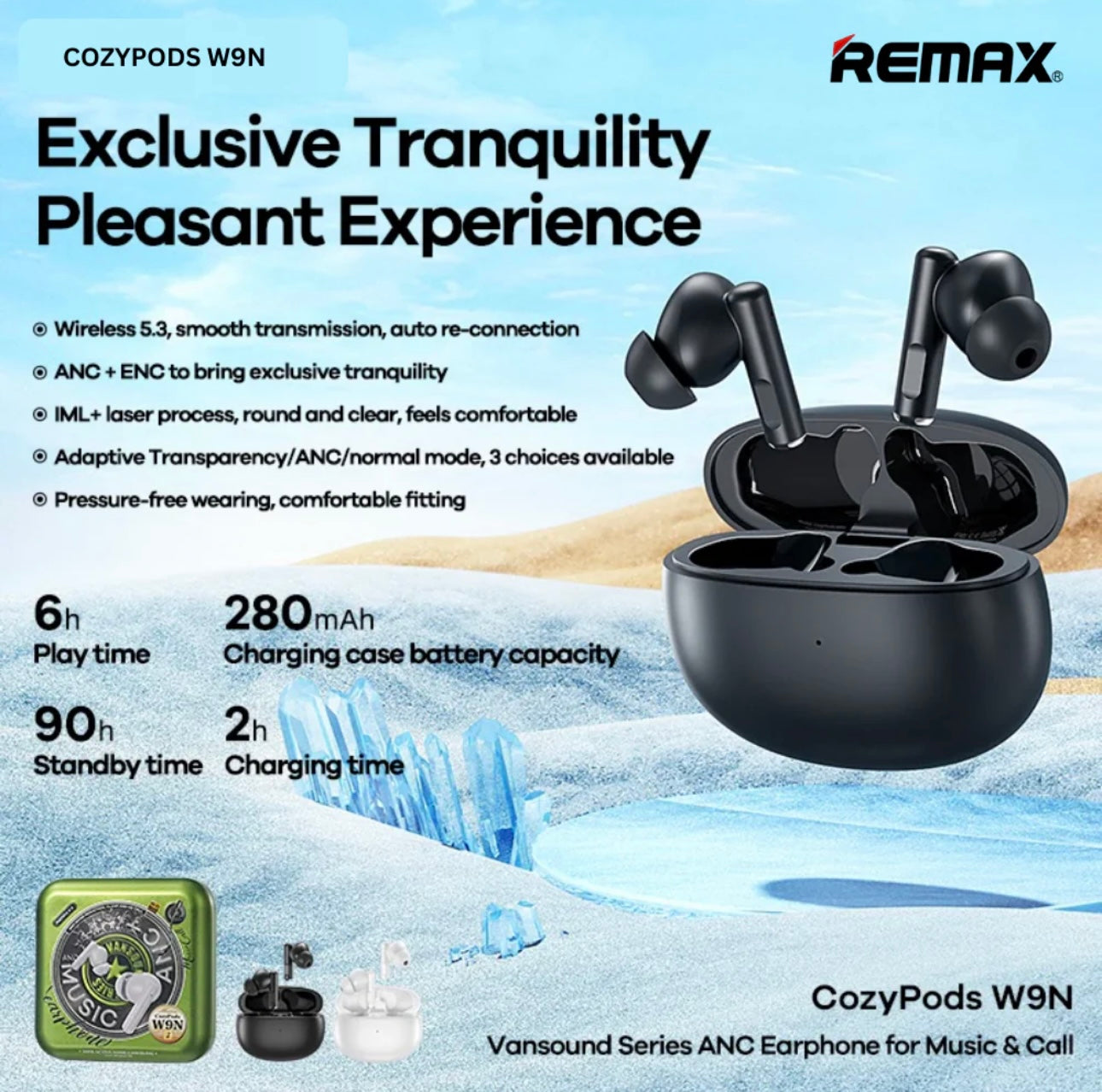 REMAX COZYPODS W9N Vansound Series Active Noise Cancelling True Wireless Earbuds