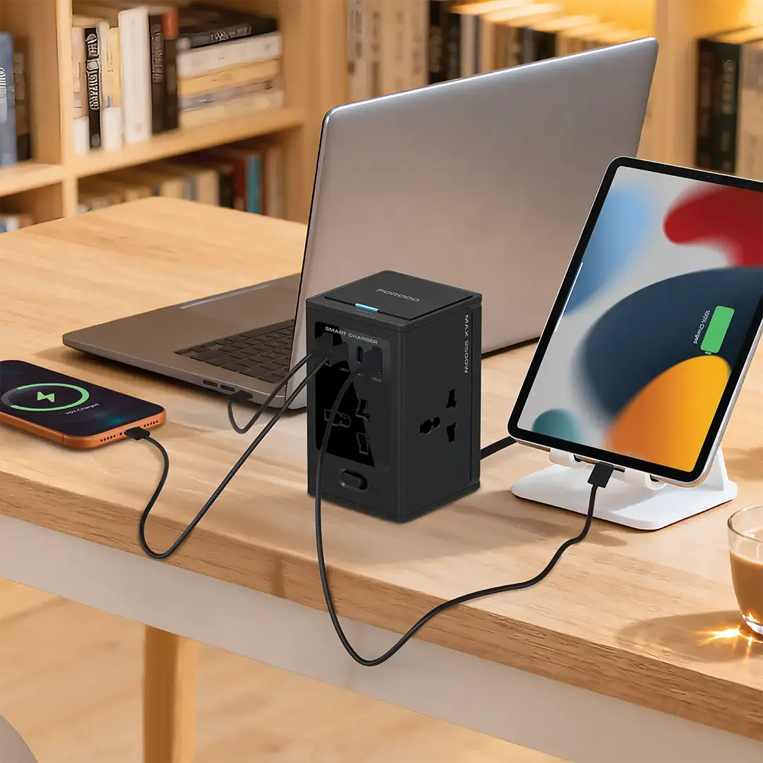 Porodo Universal GaN Multi-Port Cube Adapter with 4 AC Sockets - Black
