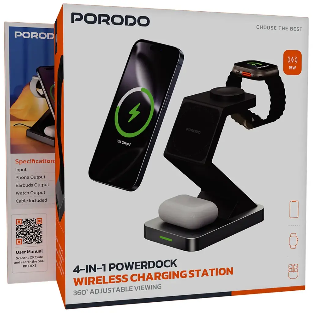 Porodo 4-In-1 Powerdock Wireless Charging Station with 360° Adjustable Viewing - Black