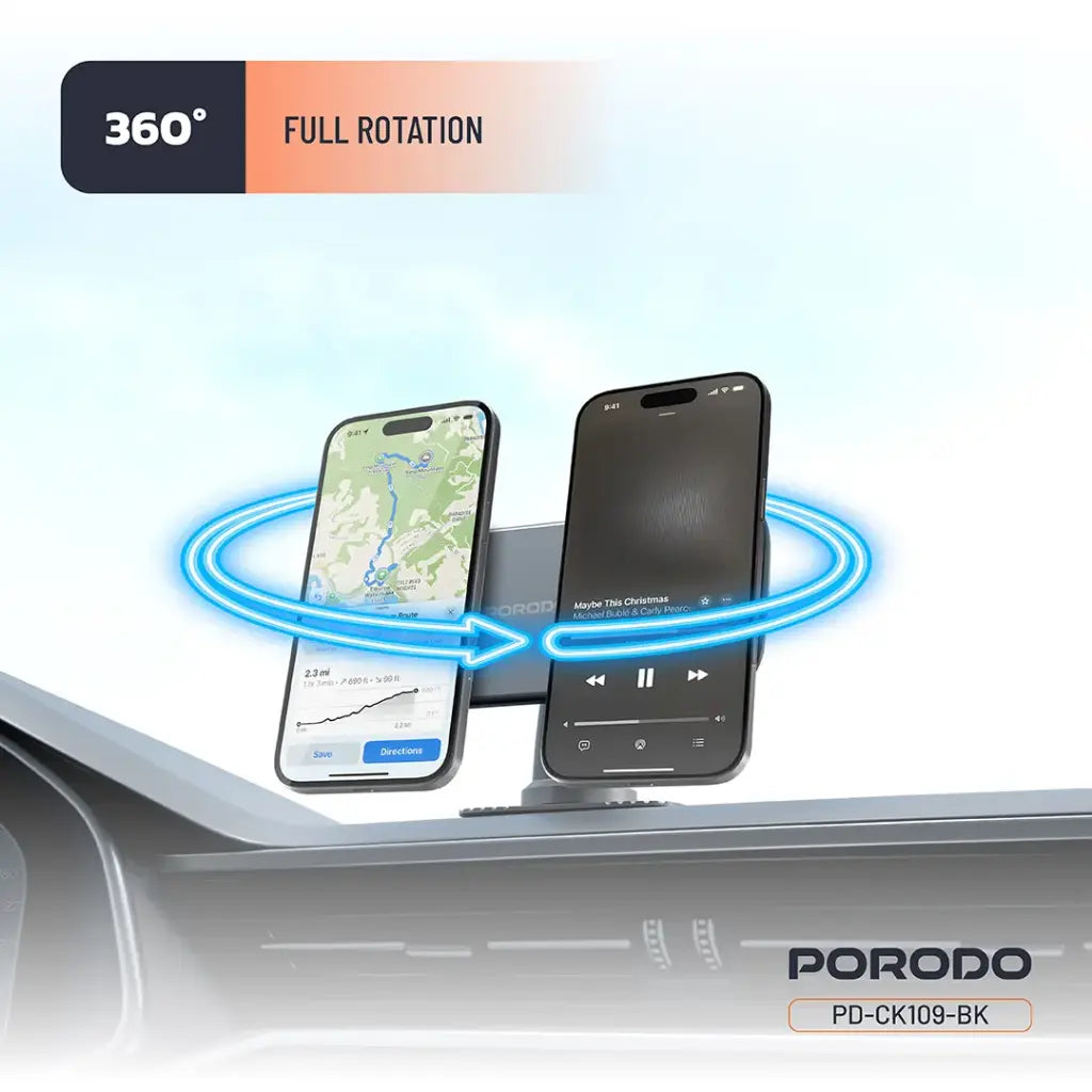 Porodo Vacuum & Adhesive Magnetic Car Mount - Black
