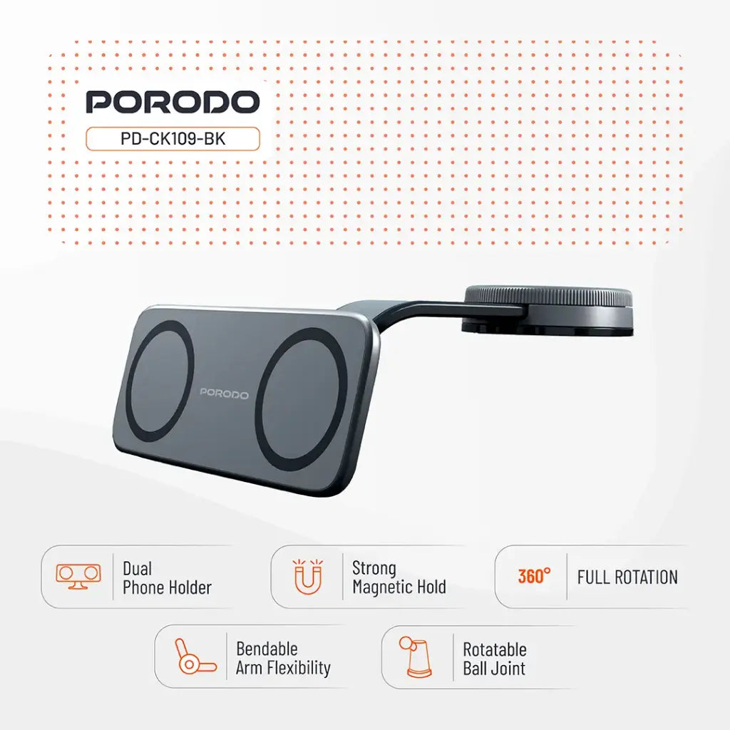 Porodo Vacuum & Adhesive Magnetic Car Mount - Black