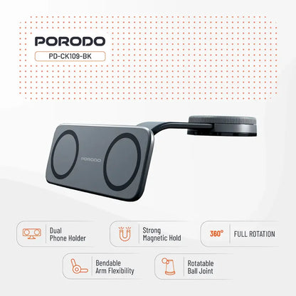 Porodo Vacuum & Adhesive Magnetic Car Mount - Black