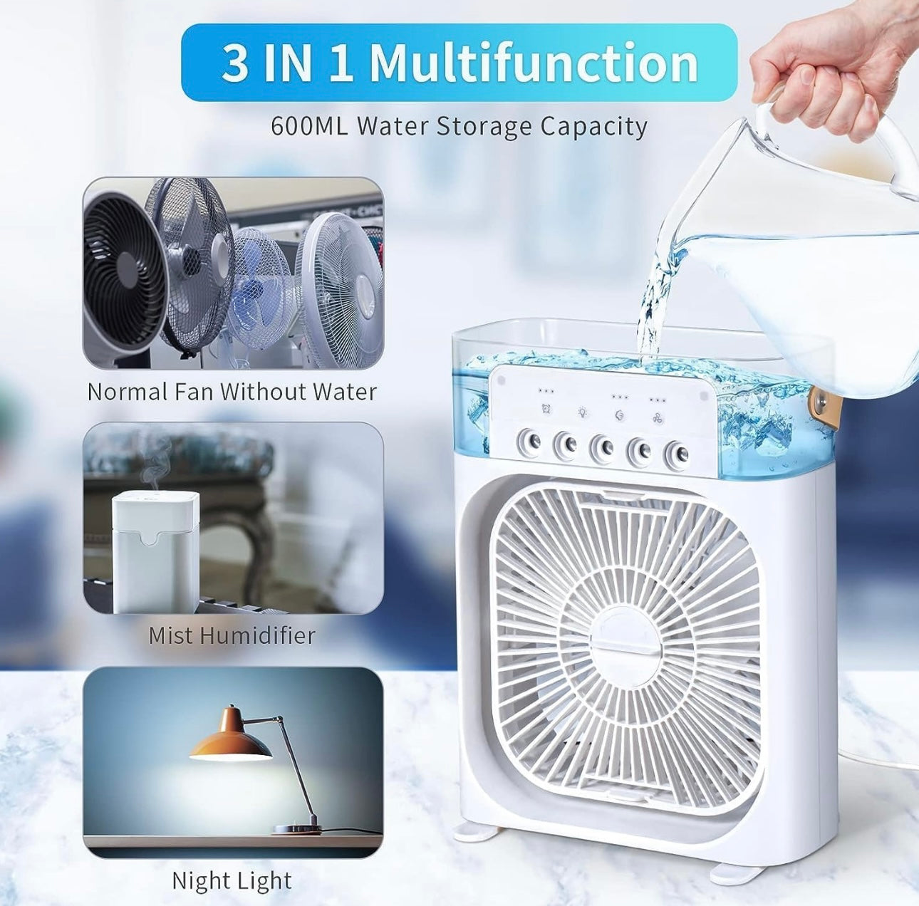 Big Portable Mist Fan, Cooling Fan LED Light, Air Conditioner Water Fan USB Desk with 3 Mist Spray Personal Evaporative Air Cooler Ice Fan for Bedroom, Office, Dorm Work