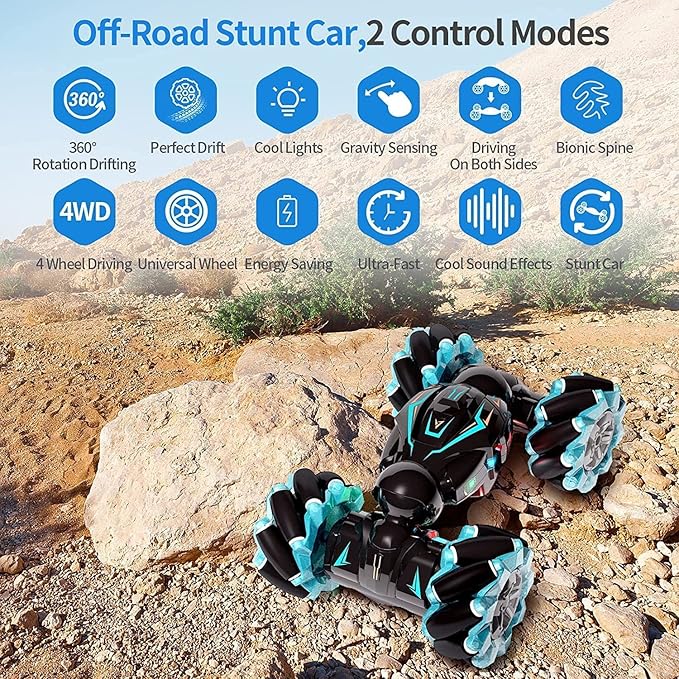 RC Stunt Car, 2.4GHz 4WD Remote Control Gesture Sensor Toy, Double-Sided Rotating Off-Road Vehicle with 360° Flips, Lights, and Music, Multicolor, Perfect for Boys and Girls Birthdays