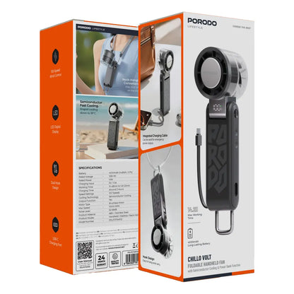 Porodo Lifestyle Chillo Volt Foldable Handheld Fan with Semiconductor Cooling & Power Bank Function - Black