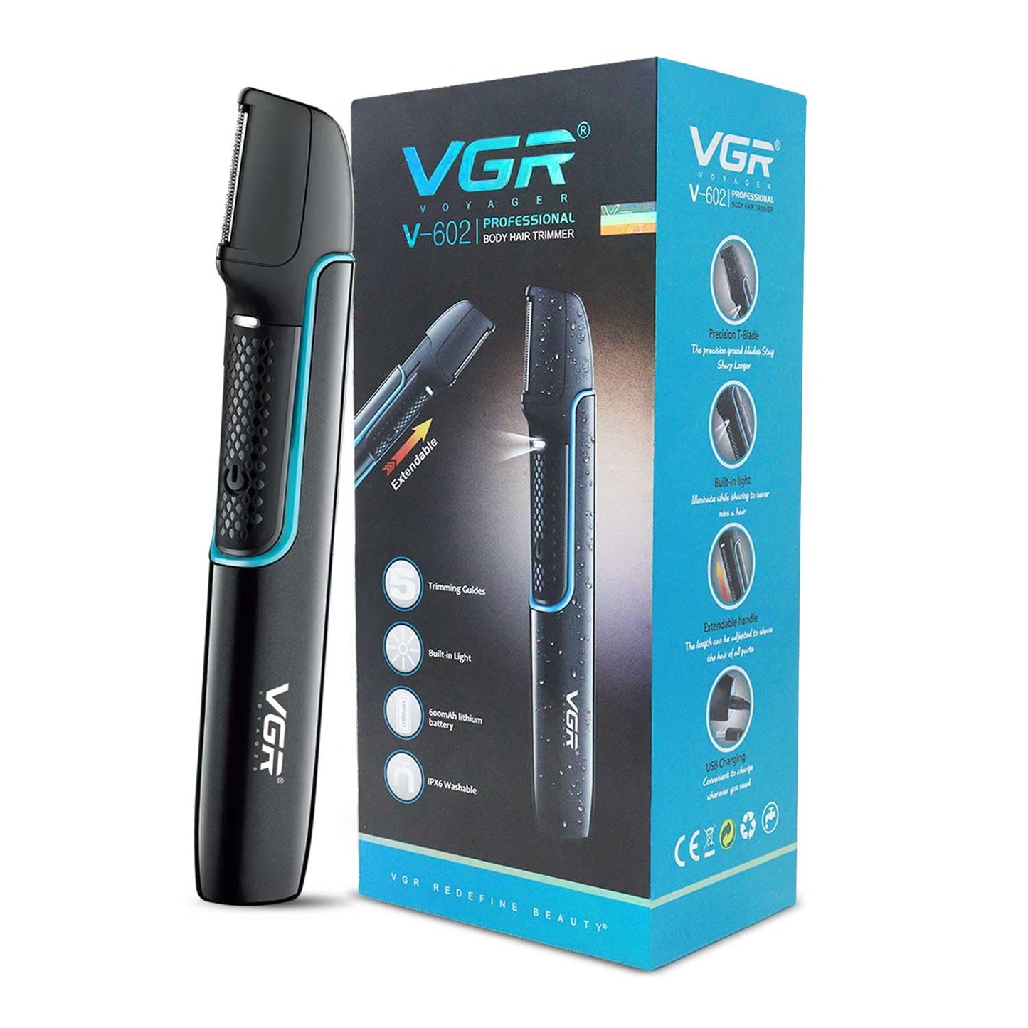 VGR V-602 Professional Body Hair Trimmer with Built-in Light & Extendable Handle, Fully Waterproof, 120-Minute Runtime, 6 Length Settings (Black)