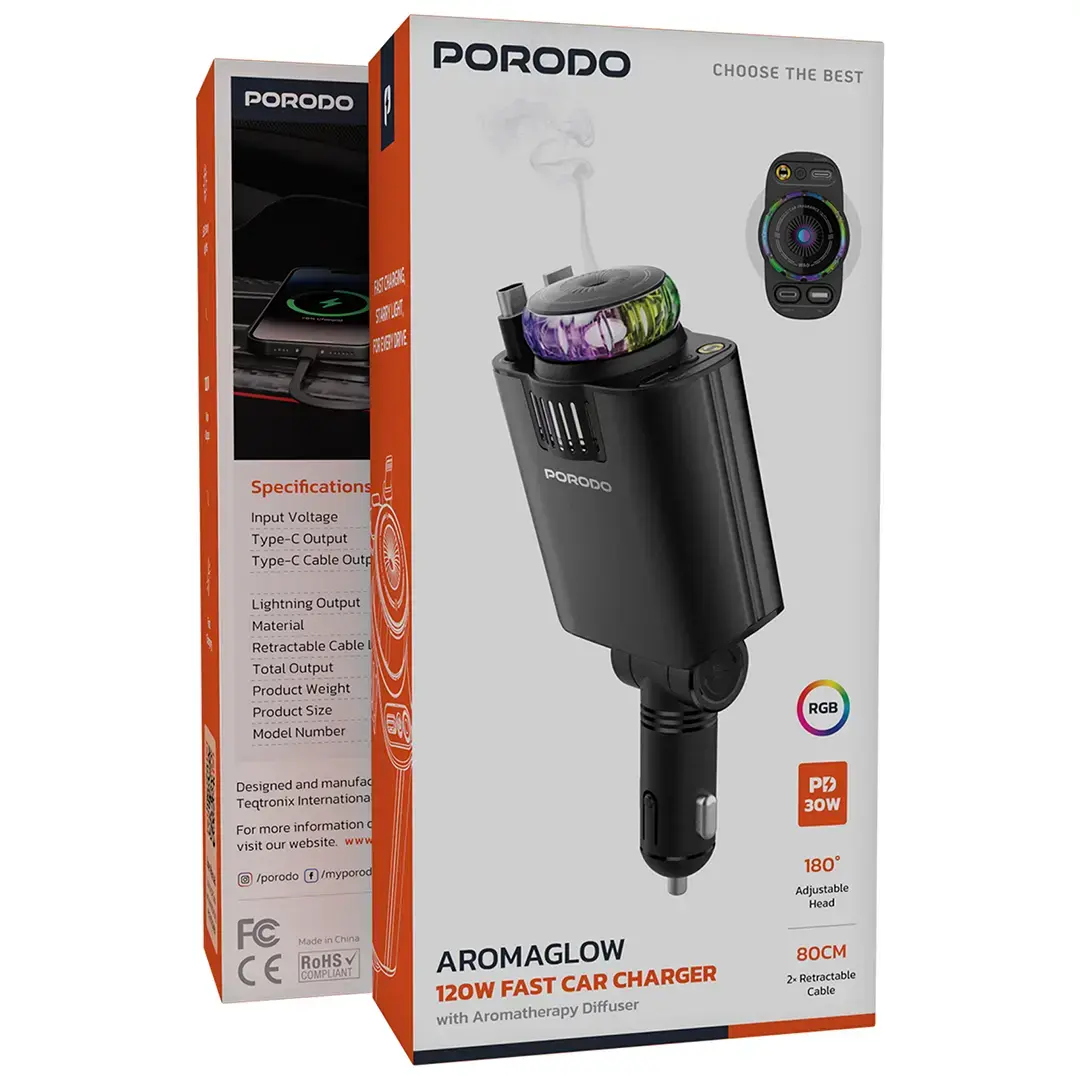 Porodo Aromaglow 120W Fast Car Charger with Aromatherapy Diffuser - Black