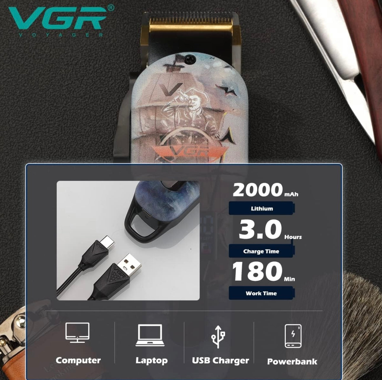 VGR V-689 Professional Salon Series Hair Clipper/Hair Trimmer for Men with LED display, Runtime 180 min with 4 Cutting Guide comb