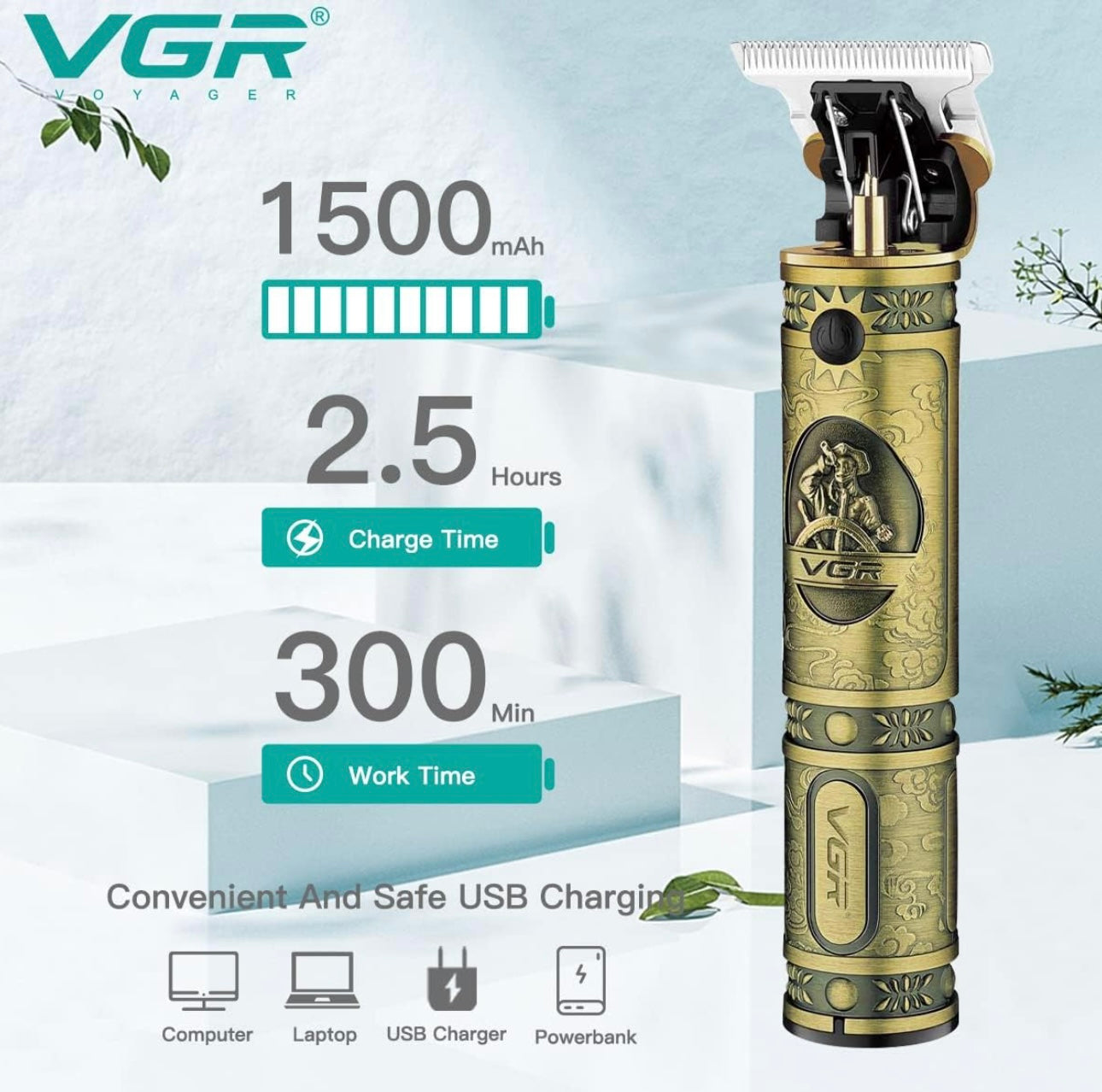 VGR V-085 Rechargeable Hair Clippers, Zero-Gapped Baldheaded T-Blade Trimmer, Cordless Hair Clipper for Men with Close Cutting, 3 Guide Combs, Brush, 1500mAh Li-ion Battery, 300-Minute Runtime (Gold)