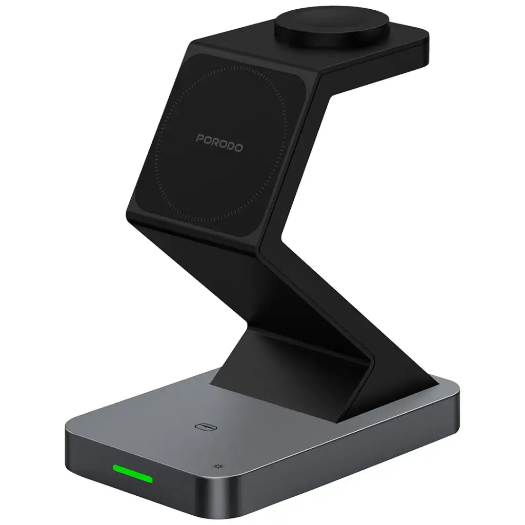 Porodo 4-In-1 Powerdock Wireless Charging Station with 360° Adjustable Viewing - Black