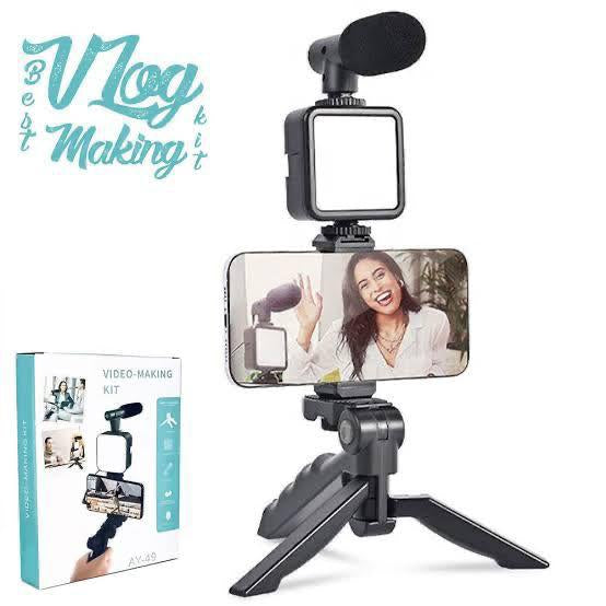 AY-49 Vlogging Kit with Microphone, Tripod Stand, and LED Light, Monopod, Tripod, Tripod Kit (Black, Supports Up to 1000g)