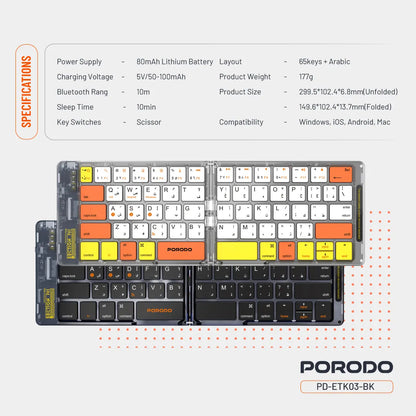 Porodo Crystal Shell Wireless FoldableKeyboard