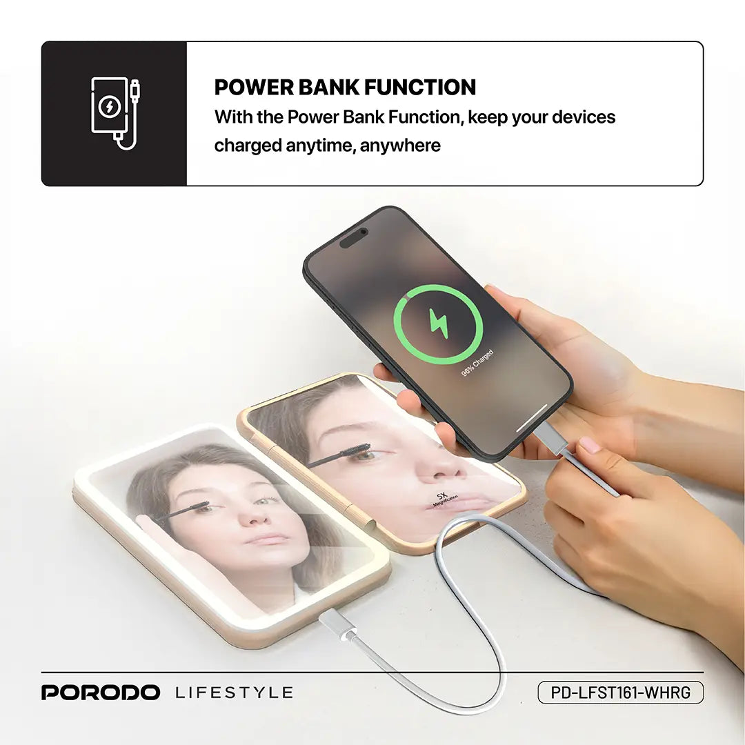 Porodo Lifestyle 5000mAh Power Bank Magnifying Mirror - White/Rose Gold