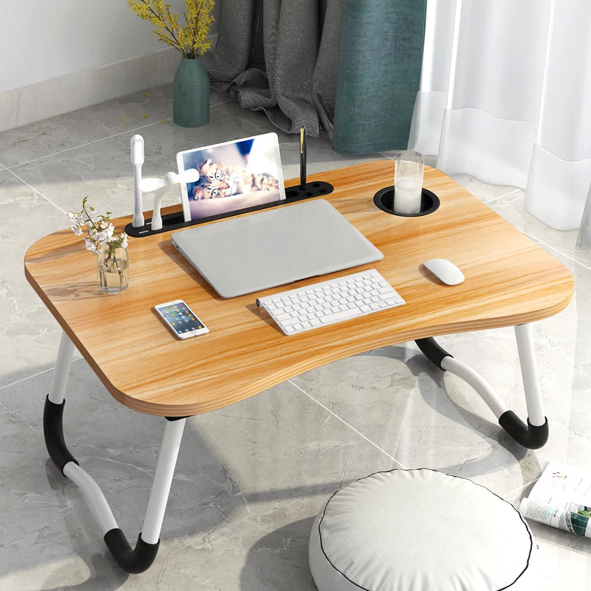 Multi-Purpose Foldable Laptop Table with Cup Holder - Portable Wooden Laptop/Study/Bed Table/Writing Desk