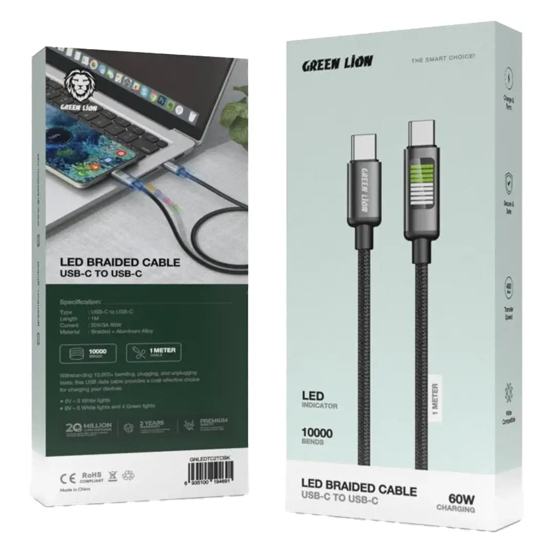 Green Lion LED Braided USB-C to USB-C Cable - Black