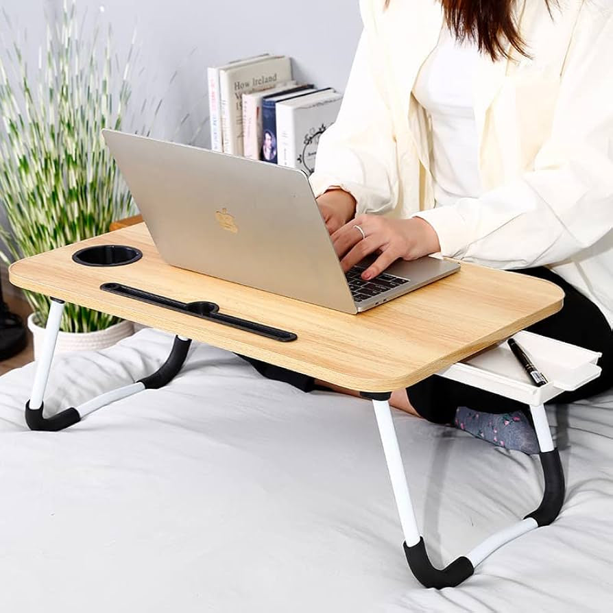 Multi-Purpose Foldable Laptop Table with Cup Holder - Portable Wooden Laptop/Study/Bed Table/Writing Desk