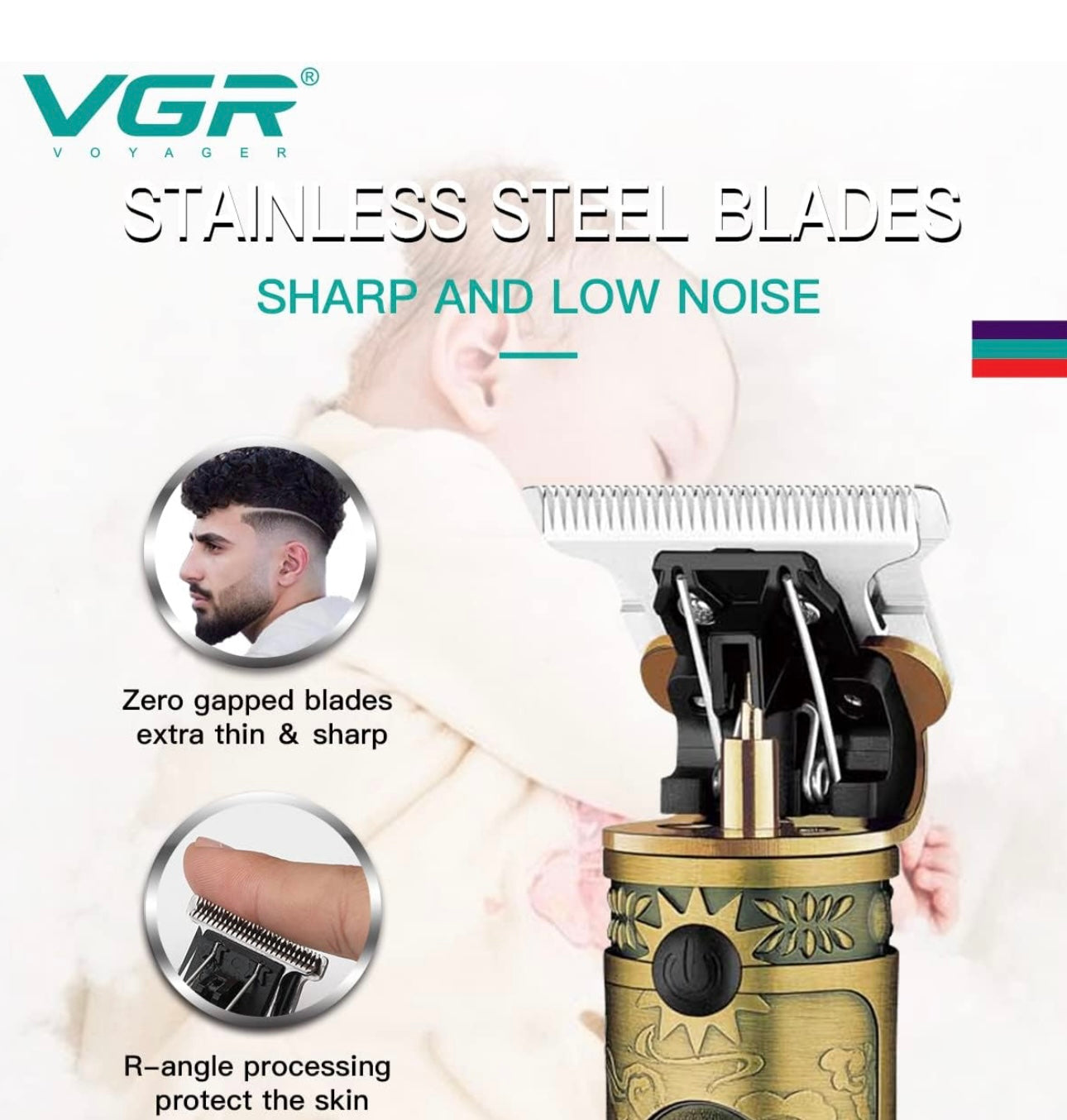 VGR V-085 Rechargeable Hair Clippers, Zero-Gapped Baldheaded T-Blade Trimmer, Cordless Hair Clipper for Men with Close Cutting, 3 Guide Combs, Brush, 1500mAh Li-ion Battery, 300-Minute Runtime (Gold)