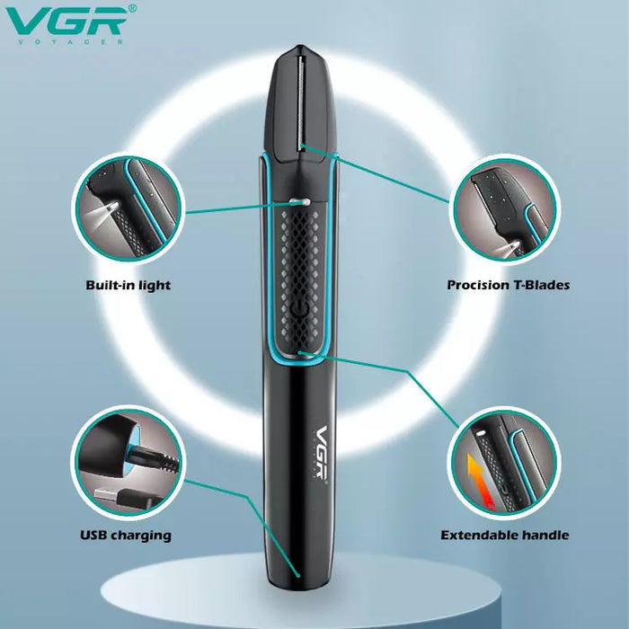 VGR V-602 Professional Body Hair Trimmer with Built-in Light & Extendable Handle, Fully Waterproof, 120-Minute Runtime, 6 Length Settings (Black)