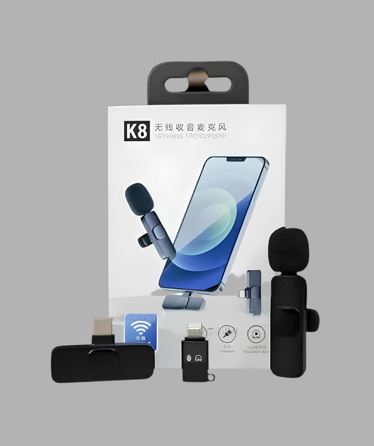 The K8 wireless microphone supports plug-and-play functionality for Type C, iPhone, Micro USB, and standard USB ports.