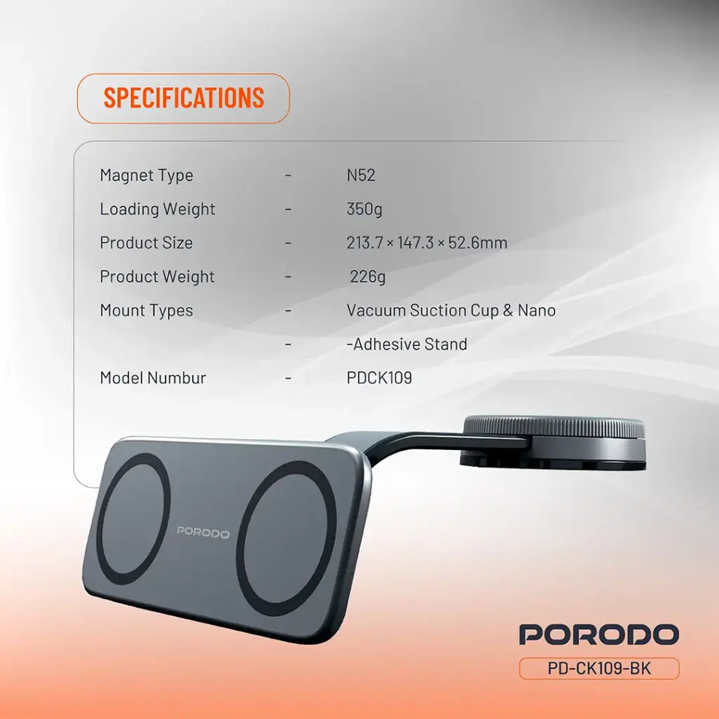 Porodo Vacuum & Adhesive Magnetic Car Mount - Black