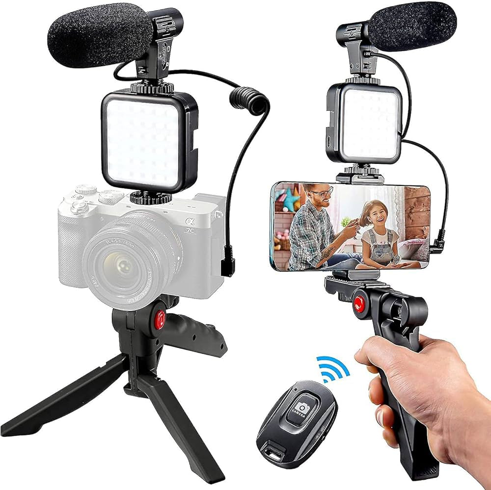 AY-49 Vlogging Kit with Microphone, Tripod Stand, and LED Light, Monopod, Tripod, Tripod Kit (Black, Supports Up to 1000g)