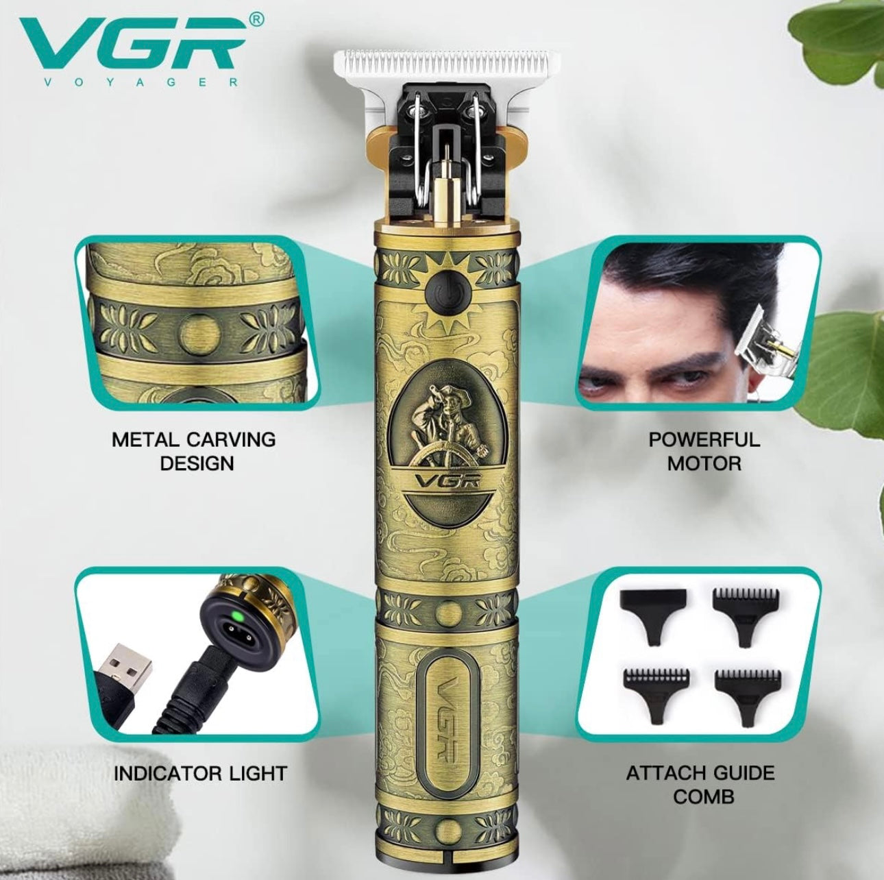 VGR V-085 Rechargeable Hair Clippers, Zero-Gapped Baldheaded T-Blade Trimmer, Cordless Hair Clipper for Men with Close Cutting, 3 Guide Combs, Brush, 1500mAh Li-ion Battery, 300-Minute Runtime (Gold)