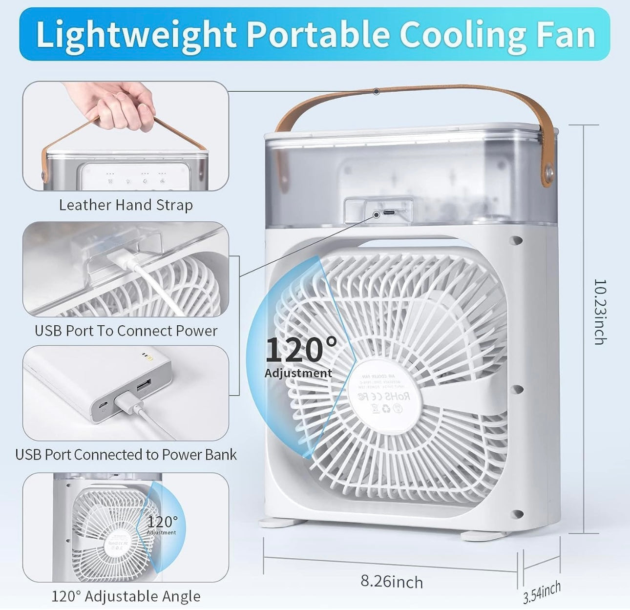 Big Portable Mist Fan, Cooling Fan LED Light, Air Conditioner Water Fan USB Desk with 3 Mist Spray Personal Evaporative Air Cooler Ice Fan for Bedroom, Office, Dorm Work