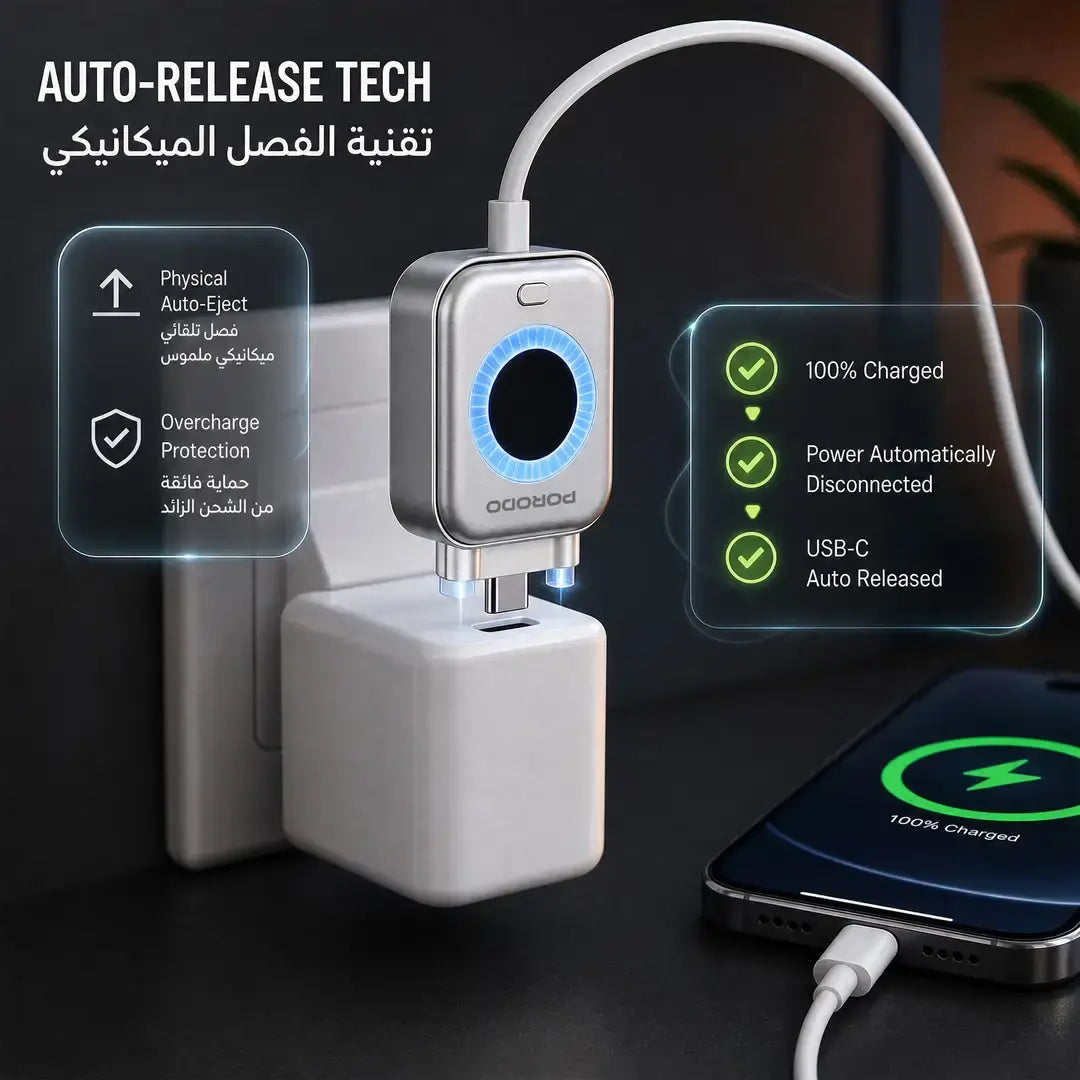 Porodo Auto Release Smart Auto-Cutoff Charging Adapter - Silver