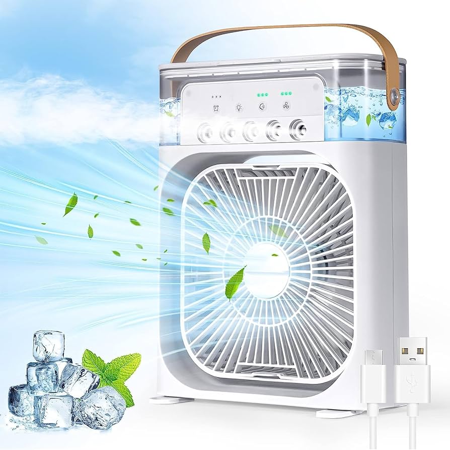 Big Portable Mist Fan, Cooling Fan LED Light, Air Conditioner Water Fan USB Desk with 3 Mist Spray Personal Evaporative Air Cooler Ice Fan for Bedroom, Office, Dorm Work