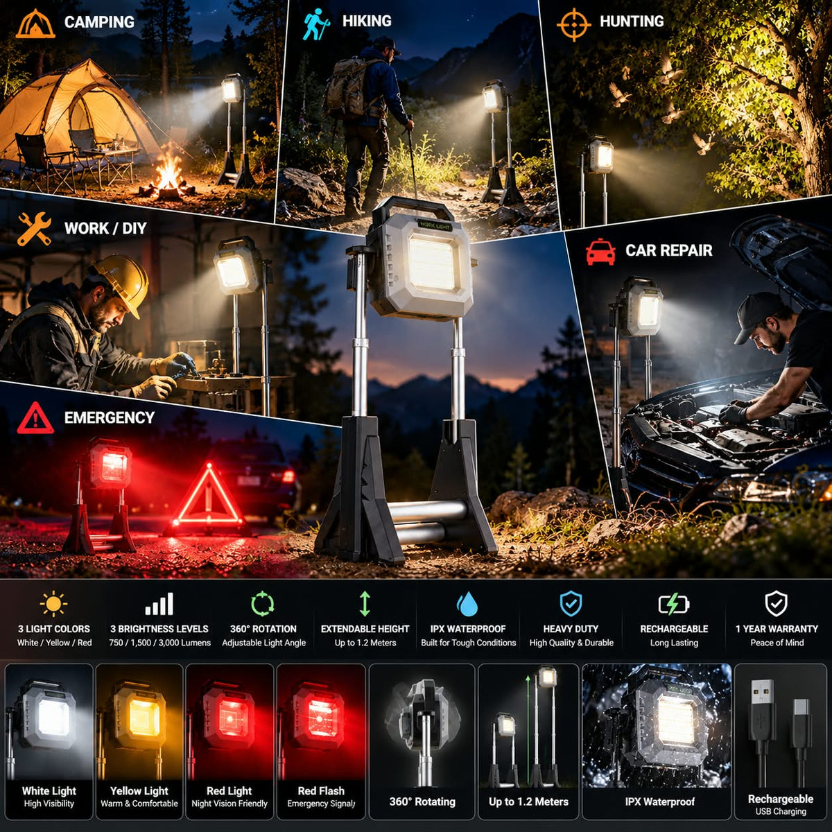 COB strong work light Flood Light Outdoor Portable LED Reflector Spotlight USB C Rechargeable Floodlight